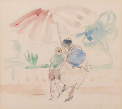 Henri LEBASQUE (1865-1937) Femme et enfant Aquarelle, signée en bas à droite. 22...