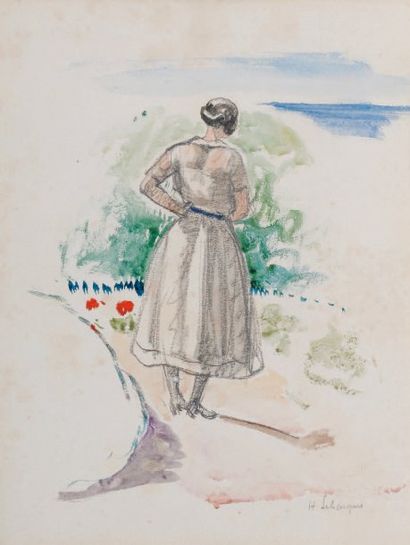 Henri LEBASQUE (1865-1937) Femme de dos Aquarelle, signée en bas à droite. 30 x 23...