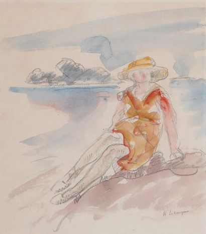 Henri LEBASQUE (1865-1937) Femme assise sur la plage Aquarelle sur traits de fusain,...