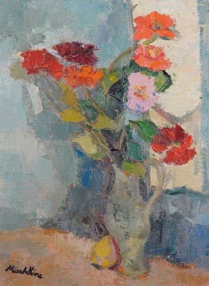 Olga MISCHKINE Nature morte à la poire et pichet avec fleurs Huile sur toile, signée...