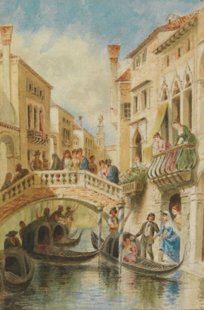 Marthe BERTRAND Les gondoles à Venise Aquarelle. Signée en bas à gauche H. 39,5 cm...
