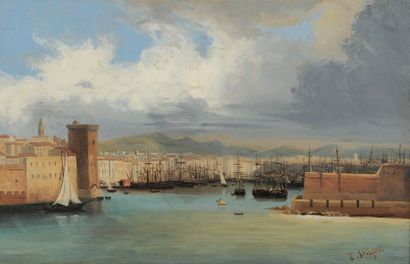 Edouard Jacques DUFEU (1840-1900) L'entrée du Port de Marseille Huile sur toile,...