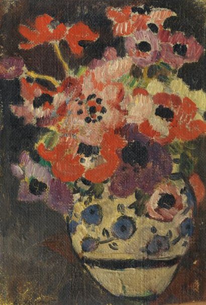 Louis VALTAT(1869 - 1952) Bouquet d'anémones Huile sur toile contre collée sur carton...