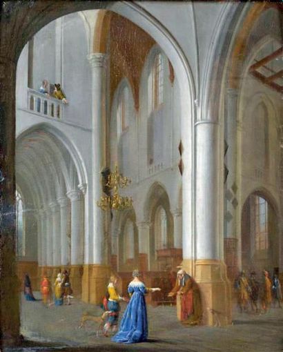 Attribué à Pierre Maximilien DELAFONTAINE (Paris, 1774-1860) L' aumône dans l'église.
Panneau.
26,5...