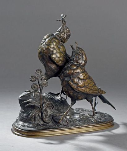 Ferdinand PAUTROT (1832-1874) Groupe en bronze représentant un couple de cailles...