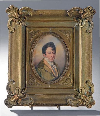 Jean-Baptiste ISABEY (1767-1855) Homme en manteau vert-olive à col de velours, gilet...