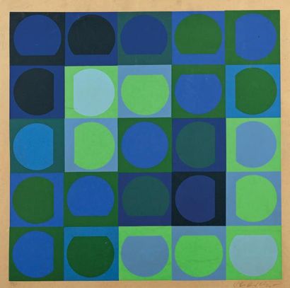 VASARELY Sérigraphie encadrée représentant des ronds dans des carrés de couleur vert...