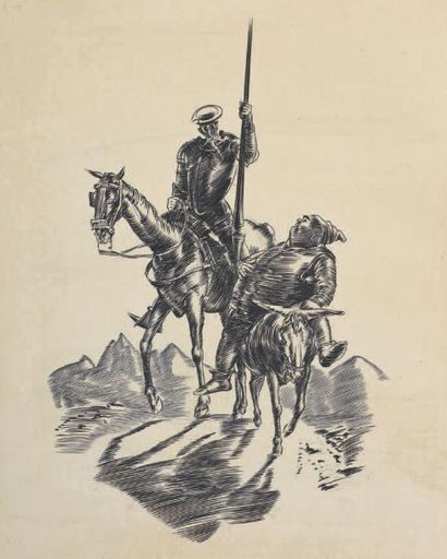 Attribué à Albert DECARIS (1901-1988) Sancho Pancha et Don Quichotte.
Plume et encre.
28...