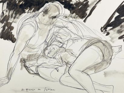 André DUNOYER DE SEGONZAC (1884-1974) Couple assis dans la campagne.
Plume et pinceau,...