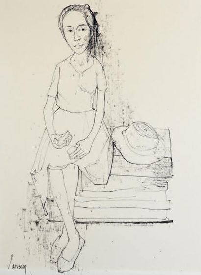 JEAN JANSEM (1920-2013) Jeune fille au chapeau.
Encre, signée en bas à gauche.
63...
