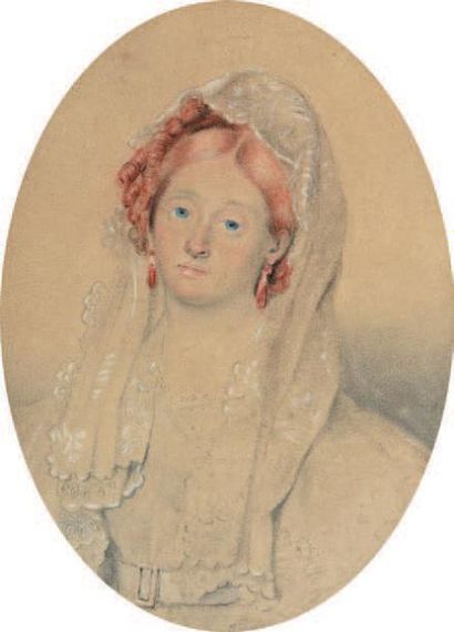 Étienne BOUCHARDY (1797-1849) Jeune femme au voile.
Crayon, sanguine, pastel.
Signé...