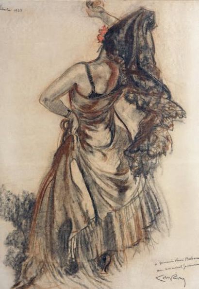 Alméry LOBEL-RICHE (1880-1950) Danseuse sévillane.
Crayon, sanguine, pastel.
Signé...