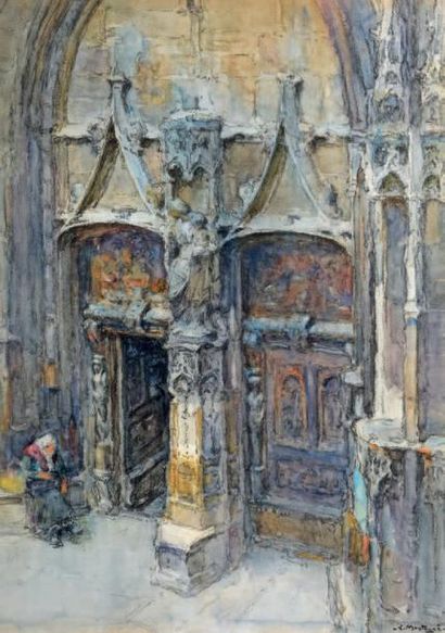 LOUIS MONTAGNE (1879-1960) Le porche gothique.
Aquarelle.
Signée en bas à droite.
60...