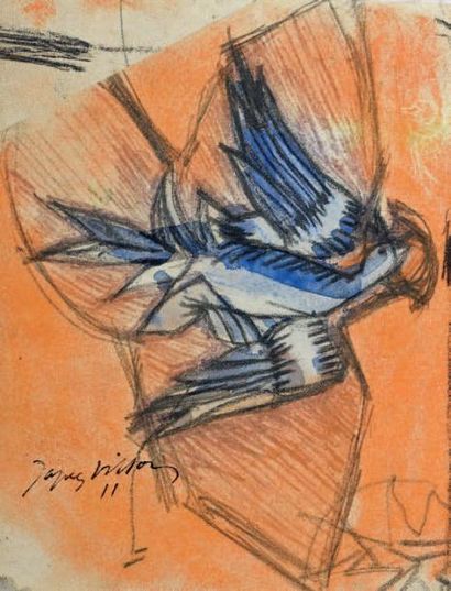 Jacques VILLON (1875-1963) L'oiseau bleu.
Crayon et aquarelle.
Signé en bas à droite...