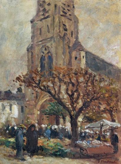 Fernand MAILLAUD (1863-1948) Sur le parvis de l'église.
Huile sur carton.
Signée...