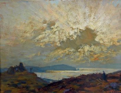 Jean REMOND (1872-1913) Effet de lumière, bord de mer.
Huile sur carton, signée en...