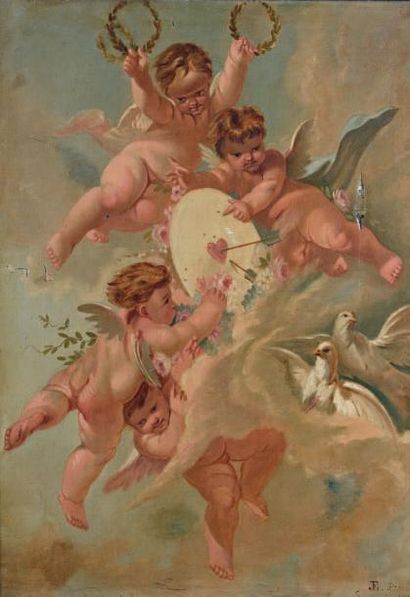 D'après François BOUCHER (1703-1770) Angelots dans le ciel.
Huile sur toile, monogrammée...