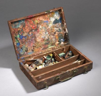 null Petite boîte de peintre en bois et laiton, contenant des pinceaux et des tubes...