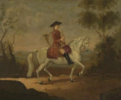 null ECOLE FRANCAISE 
Dans le Goût du XVIIIe siècle 

Sonneur de cor à cheval 
Huile...