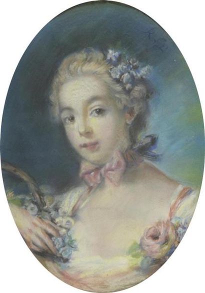 null Dans le goût du XVIIIe siècle
Portait de jeune fille 
Pastel ovale monogrammé...
