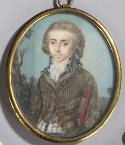 null Julien Eon marquis de Cély (1771-1794) vu assis dans un paysage, à mi-corps...