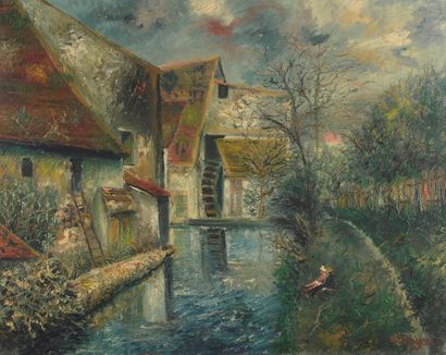 Emile BOYER (1877-1948) Le repos près du Moulin sur la Muance à Angences (Calvados)
Huile...