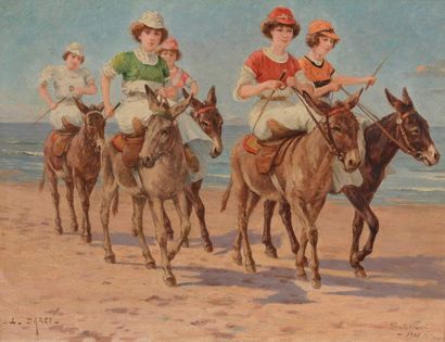 Louis DAREY (1863-1914) Course d'ânes par des élégantes sur la plage de Pontaillac
Huile...