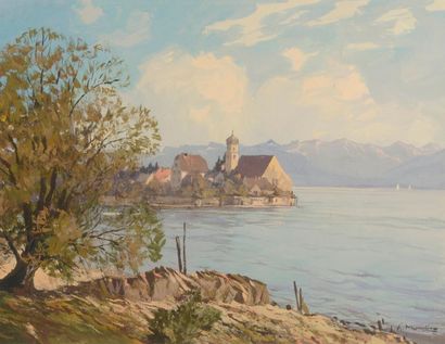 Anton MUNDING (1903-1976) Vue de la ville de Wassenburg au bord du lac Constance
Gouache.
Signée...