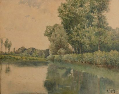 null J. PECQUEUR (Fin XIXème-Début du XXème siècle)

Arbre en bord de rivière

Aquarelle.

Signée...