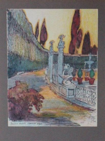 null " Jardins Boboli Florence "				
Signé situé et daté 1902 en bas à gauche 
Crayons...
