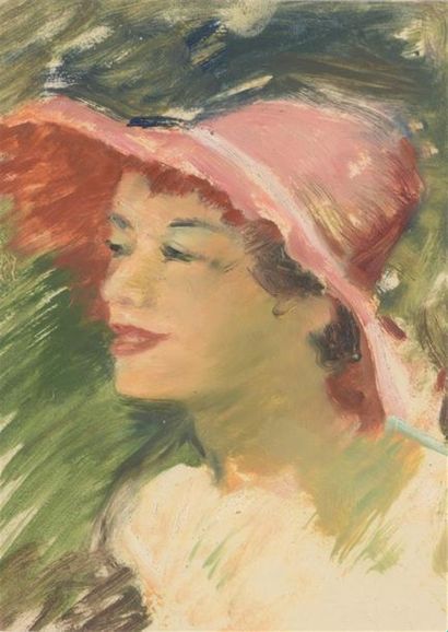 null Robert GENICOT (1890-1981)
Portrait de femme au chapeau rose
Huile sur papier.
22...