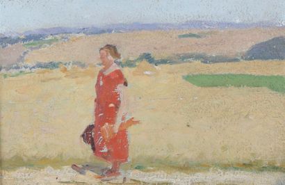 null Robert GENICOT (1890-1981)
Femme en robe rouge dans un paysage
Huile sur panneau.
15...