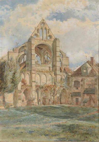 null BOURGOIS (XIXème siècle)
Les ruines de L'abbaye de Longpont (Aisne)
Aquarelle.
Signée...