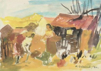 null Robert GENICOT (1890-1981)
A la ferme
Gouache et aquarelle sur papier.
Signée...