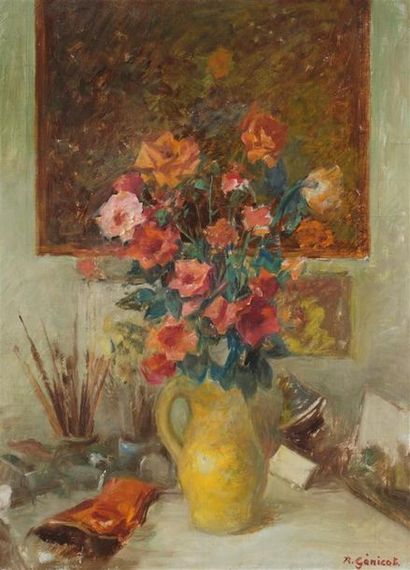 null Robert GENICOT (1890-1981)
Vase de fleurs dans l'atelier
Huile sur toile.
Signée...
