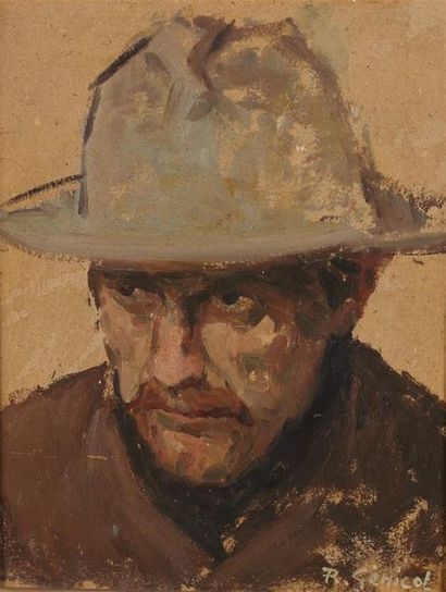 null Robert GENICOT (1890-1981)
Portrait d'homme au chapeau
Huile sur carton.
Signée...