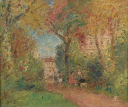 null Georges d'ESPAGNAT (1870-1950)
Causerie au jardin du Luxembourg
Huile sur toile.
Monogrammée...