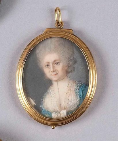 null ECOLE FRANCAISE Vers 1780 

Portrait de femme en robe de soie bleue ornée d'un...