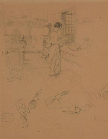 null Robert GENICOT (1890-1981)
Dans la cuisine et étude de pioche et râteau
Crayon...