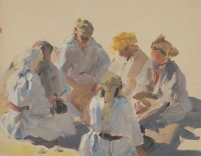 null Robert GENICOT (1890-1981)
Femmes marocaines en conversation.
Huile sur papier.
Non...