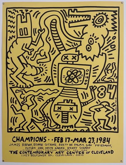 Keith Haring (1958-1990) 
1984 Affiche sur papier jaune de l’exposition Keith Haring,Champions,...