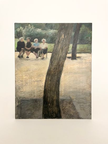 Geneviève CUVELIER (XXème siècle) 
Four women on a bench 1997 Mixed media on wood...