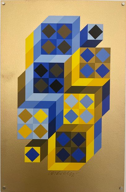 Victor VASARELY (1906-1997) 
Silk-screened blue and yellow diamonds on a gold background




Signed...