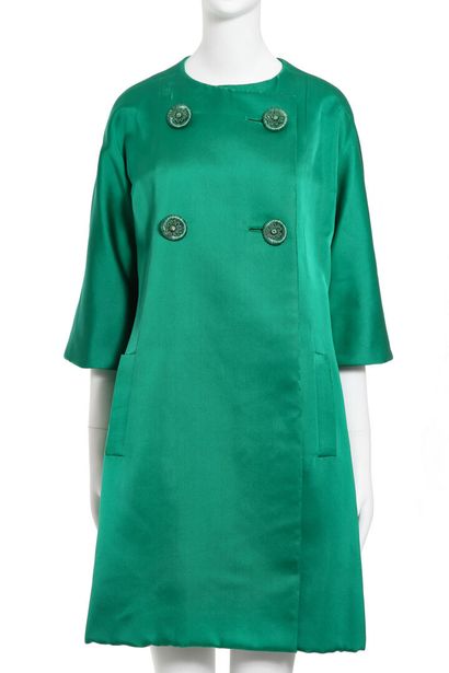 CHRISTIAN DIOR A Christian Dior emerald-green satin evening coat, 1960s + A pair...