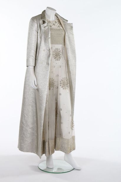 Mila SCHON A Mila Schön couture embroidered silver evening gown and silver lamé coat,...