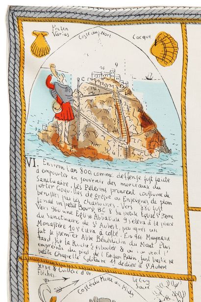 HERMES A rare Hermes silk scarf in 'Mont Saint Michel' print by Hugo Grygkar, 1947.

A...