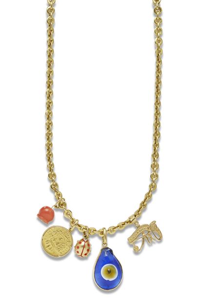 Gold necklace and five pendants in gold,...