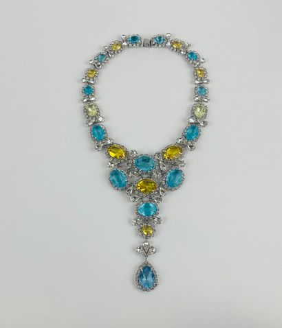 CHRISTIAN DIOR 1980's

 Important drapery necklace in silver plated metal and blue...