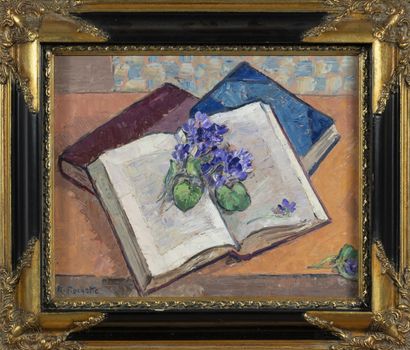 Raymond ROCHETTE (1906-1993) Bouquet de violettes et livres
Huile sur isorel
Signée...