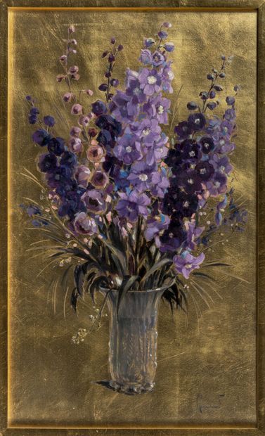 Pierre COMMARMOND (1897-1983) Bouquet de fleurs violettes sur fond or
Huile sur toile
Signée...